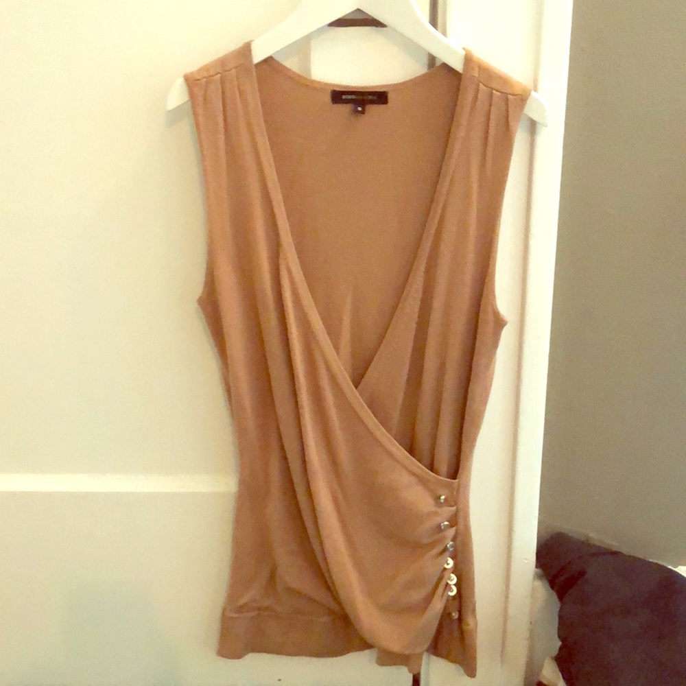 BCBG cross front lightweight sleeveless top beige